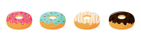 kawaii cute pastel donuts sweet summer desserts cartoon with different types isolated on white background for cafe or restaurant. illustration vector.のイラスト素材