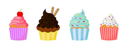 kawaii cute pastel cupcake sweet summer desserts with different types isolated on white background for cafe or restaurant. illustration vector.のイラスト素材