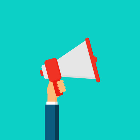 businessman hand is holding megaphone. make an announcement isolated on blue background. vector illustration.のイラスト素材