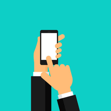 businessman hand is holding a realistic black smartphone display Isolated on blue background. Vector Illustration.のイラスト素材