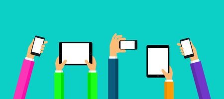 businessman hand is holding a realistic black tablet with smartphone display Isolated on blue...