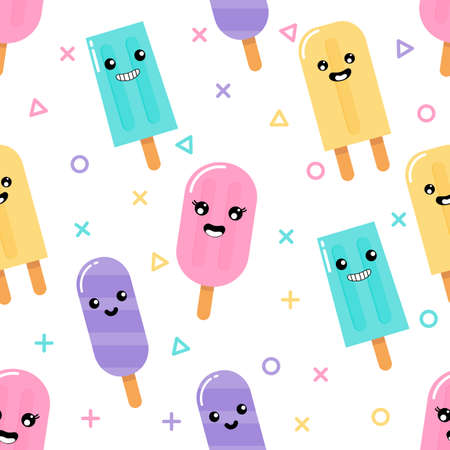 kawaii Cute Pastel Ice cream sweet desserts with Funny Faces cartoon Seamless pattern with different types on White Background for cafe or restaurant. illustration Vector.のイラスト素材