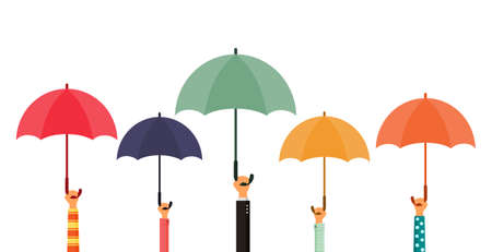 hands holding umbrellas isolated on white background. vector Illustration.のイラスト素材