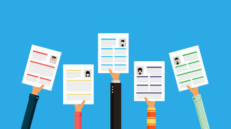hands holding a cv resume documents. searching professional staff Isolated on blue background. Vector Illustration.のイラスト素材