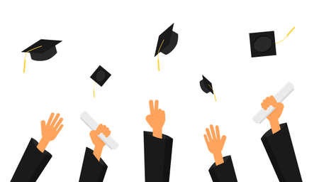 graduation ceremony. hands in gown graduation and caps in the air isolated on white background. vector Illustration.のイラスト素材