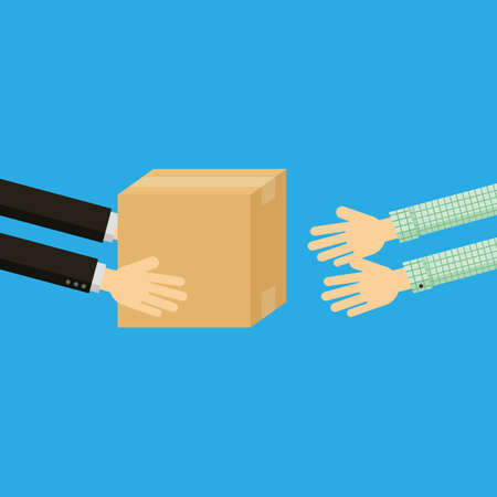 businessman hands holding a box brown package to customers. delivery concept. isolated on blue background. vector Illustration.のイラスト素材