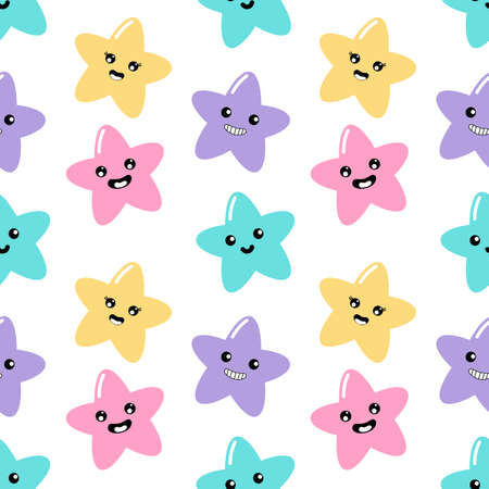 kawaii Cute stars Pastel with Funny Faces cartoon Seamless pattern on White Background for kids. illustration Vector.のイラスト素材