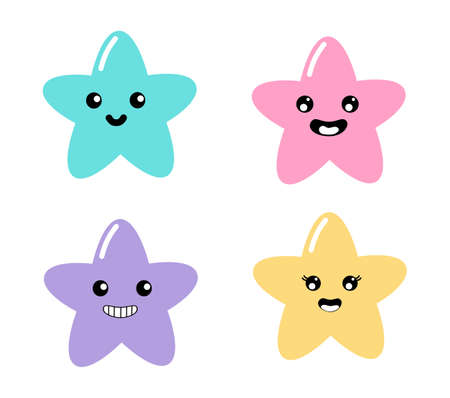 kawaii Collection emoticon Cute stars Pastel with Funny Faces cartoon isolated on White Background for kids. illustration Vector.のイラスト素材