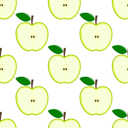green Apple Seamless Pattern and slices. fruit summer on white background. Elements for menu. poster, textile, greeting card design. Vector illustration.のイラスト素材