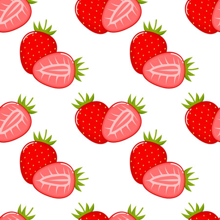 Strawberry fruit seamless pattern. Isolated on white background. Vector illustration.のイラスト素材