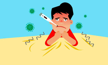 Sick on bed with covered blanket.Measuring temperature in mouth.Having a high body temperature due to fever.Illness and Treatment coronavirus(COVID-19).のイラスト素材