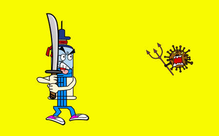 Cartoon syringe character fighting with coronavirus(COVID-19),vaccine concept.のイラスト素材