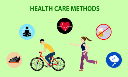 Health care methods.Cycling and running.Exercise, meditate, pulse, normal heartbeat, don't drink, don't smoke, sleep well.のイラスト素材