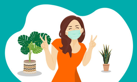 New normal  lifestyle of people after the Coronavirus ( COVID-19) disease pandemic. Masked women are a good practice to protect.Left and right hand symbols V sign.Happy face.のイラスト素材