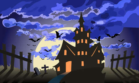 Halloween creepy dark castle, moon shines bright, flock of flying bats, old wooden fence, crosses and cemeteries.のイラスト素材