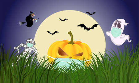 jack o lantern, witch, ghost and mummy wear a mask to prevent disease (COVID-19). Moon shines bright, flock of flying bats.のイラスト素材