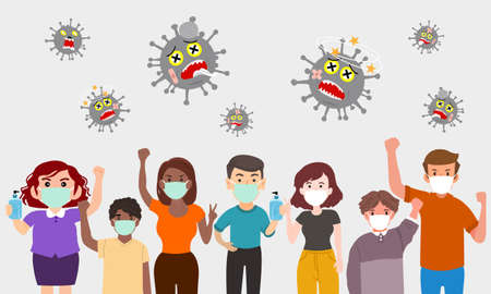 People wearing medical masks are holding alcohol gel. Let's fight coronavirus. Inhibit the COVID-19 virus from spreading.のイラスト素材