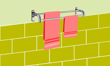 Towels hang on the clothesline on the bathroom tile wall Small and large pink towels hang on a stainless steel rod.のイラスト素材