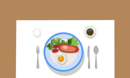Tableware with fork spoon knife and coffee. Western style food, steak, fried eggs, tomatoes and vegetables.のイラスト素材