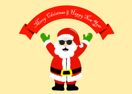 Santa claus wearing sunglasses standing smiling cute with christmas greeting card banner red ribbon with message merry christmas and happy new year. Holiday greeting card.のイラスト素材