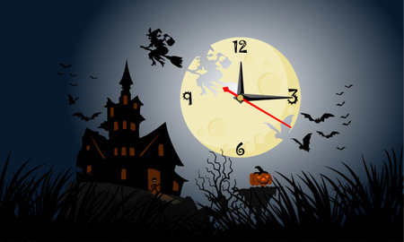 The moon has clock hands to tell time. Float over a dark and terrifying castle on Halloween night. Ghost release night, a joyful time for ghosts.のイラスト素材