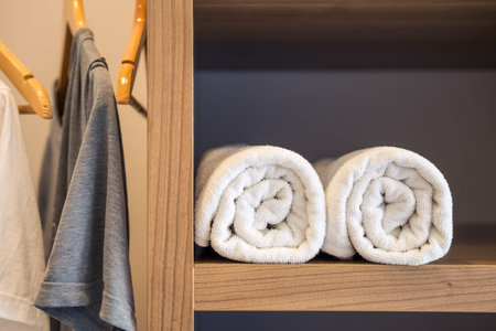 Bath towel on the shelves in the hotelの写真素材
