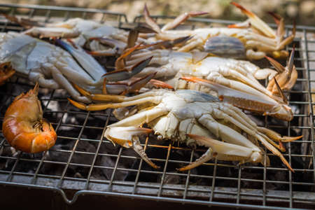 Fresh Blue crabs on flaming grillの写真素材