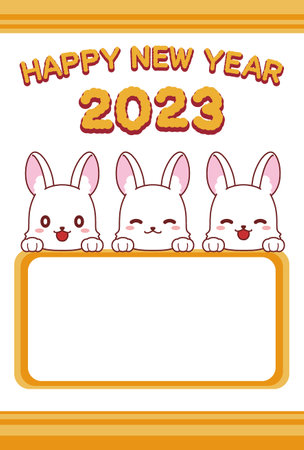 New Year's card material suitable for the 2023 photo frame of the rabbit with open space for photo spaceのイラスト素材