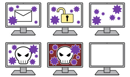 Illustration set of images of computer infected or hacked by virusのイラスト素材