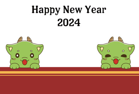 Smiling Dragon Character and Happy New Year 2024 New Year's Cardのイラスト素材
