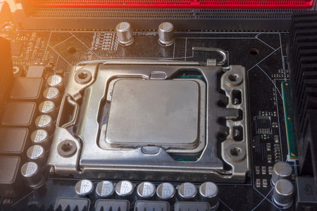 Close up cpu socket on motherboard Computer PC with cpu processor
