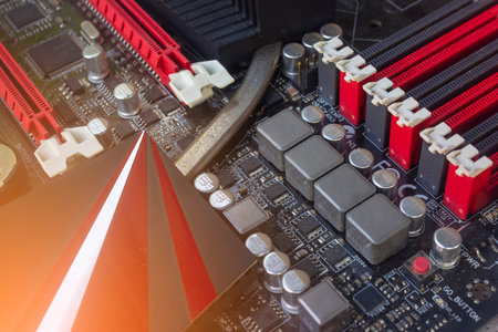 PC Mainboard memory slots and components. Close up with selective focus