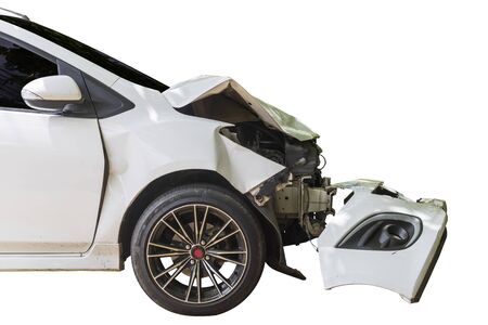 Front of  white color car have damaged and broken by accident on road parking can not dirve any more. with white background.の写真素材