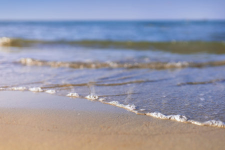 Soft wave from sea come to wet sand beach with blur clear sky background. With copy space for text...