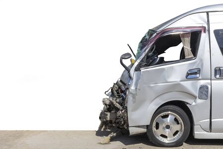 Front   white color van car have damaged and broken  accident on road parking can not dirve any more.  white background.の写真素材