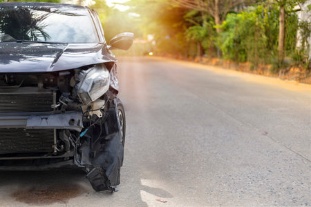 Front  black color car damaged and broken  accident . Isolate on white background.