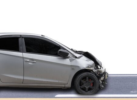 Front  gray color car damaged and broken  accident . Isolate on white background.の写真素材