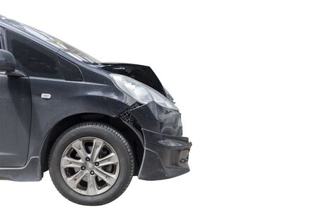 Front  black color car damaged and broken  accident isolate on white background.の写真素材