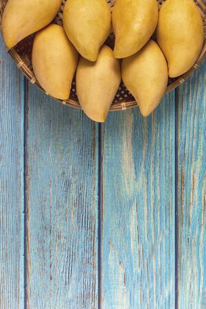 Yellow Fresh mangos 0n blue wood table. Mango tropical fruit on wood background. mangos with copy space for text or design. summer concept. の写真素材