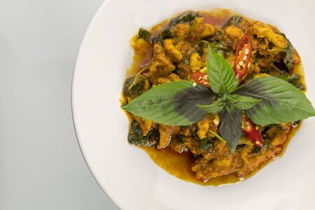 Top view stir fried chicken and curry paste on white plate with copyspace for text or design.の写真素材