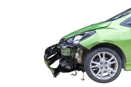 Front of green color car damaged and broken by accident isolate on white background. Save with cliping path.の写真素材