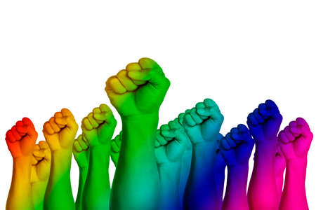 Collage rainbow flag and human hands isolated on white background. Male handful over rainbow background. LGBT Concept activism, community and freedom. Lesbian, gay, bisexual and transgender with copy spaceの写真素材