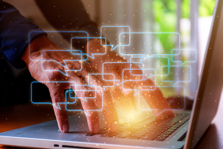 Close up man hands with laptop and bank chat boxes chart background.