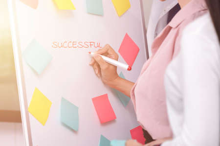 Business Team brainstorm meeting. Group of business people working at Private Home Office. Close up businesswoman writing SUCCESSFUL on white board,の写真素材