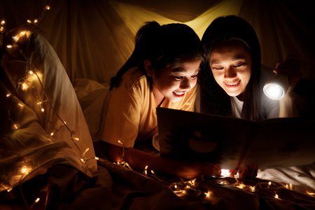 Family concept. elder sister and sister reading book with flashlight together before bedtime. Sister...