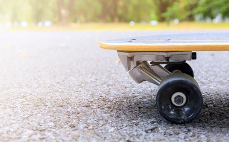 Close up skateboard on morning at park. Head of skateboard and wheel on road at public park. Sport concept.の写真素材