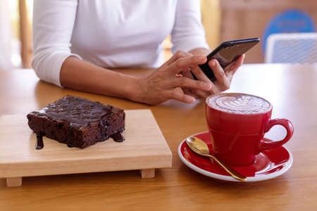 Woman hands holding mobile smart phone sitting in cafe with cup of coffee and brownies dessert. Women relax or working with cell phone in coffee shop with hot cappuccino and dessert.の写真素材