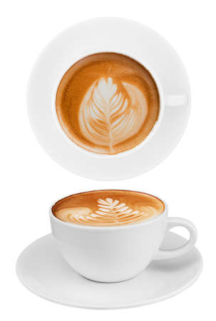 Top view and side view coffee cup collection, coffee cup assortment with shape sign collection isolated on white background. Save with clipping pathの写真素材
