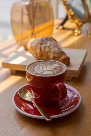 Close up hot cappuccino, latte, caramel macchiato on table with blur coffee shop background. Process with warm vintage tone style.の写真素材