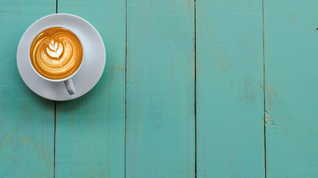 Coffee Mug on Wooden Table. Top view cup of coffee on wooden table. Close up hot coffe in white cup on wood table.の写真素材
